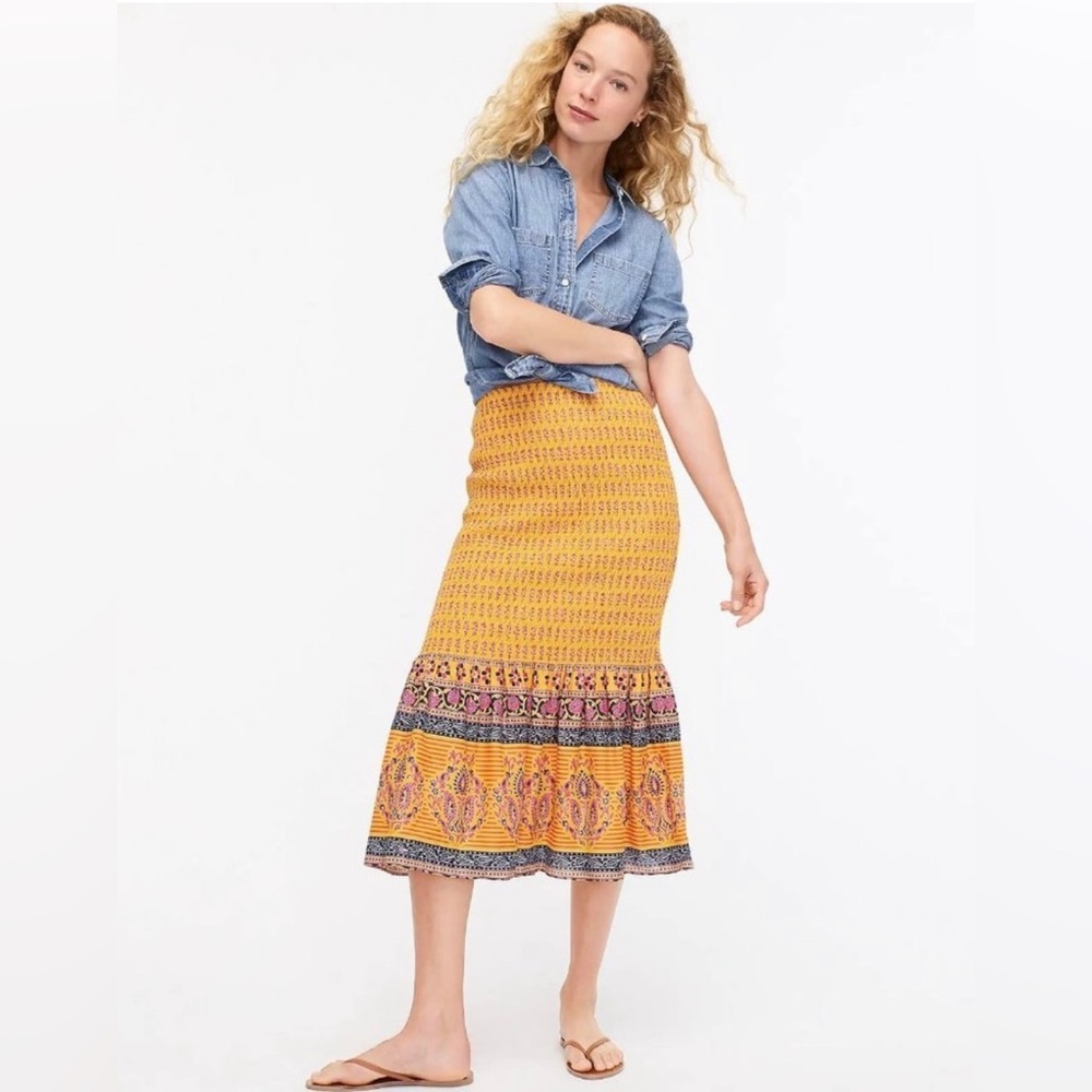 J. Crew Mermaid Style Smocked Skirt in Sunny Block Print Yellow Size 6
